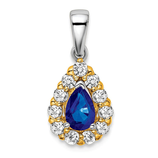 14k Two-Tone Gold Pear Sapphire and Real Diamond Halo Pendant