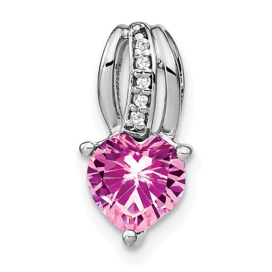 14k White Gold Heart Created Pink Sapphire and Real Diamond Pendant