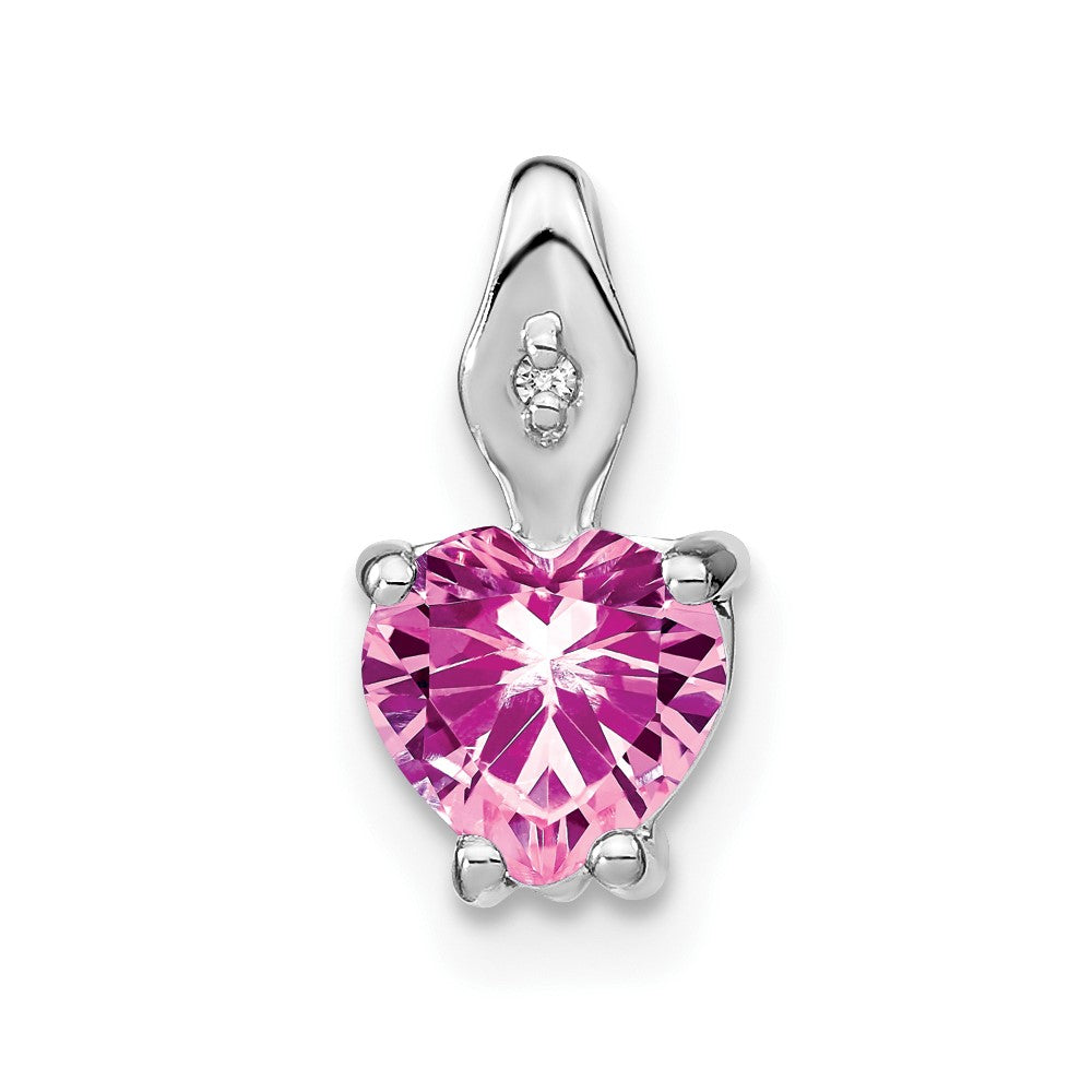 14k White Gold Heart Created Pink Sapphire and Real Diamond Pendant