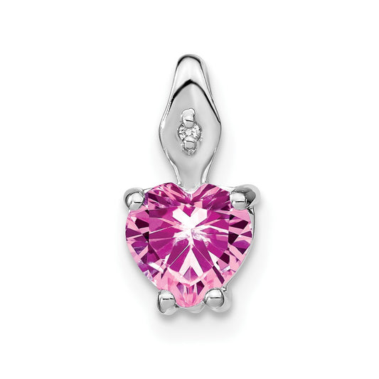 14k White Gold Heart Created Pink Sapphire and Real Diamond Pendant