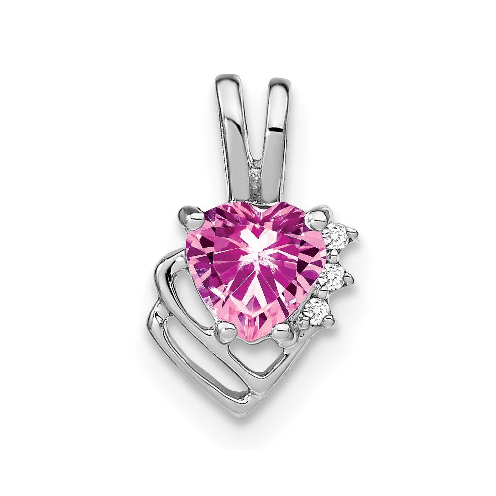 14k White Gold Created Pink Sapphire and Real Diamond Pendant