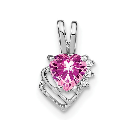 14k White Gold Created Pink Sapphire and Real Diamond Pendant