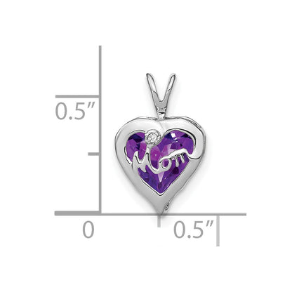 14k White Gold Amethyst and Real Diamond MOM Heart Pendant