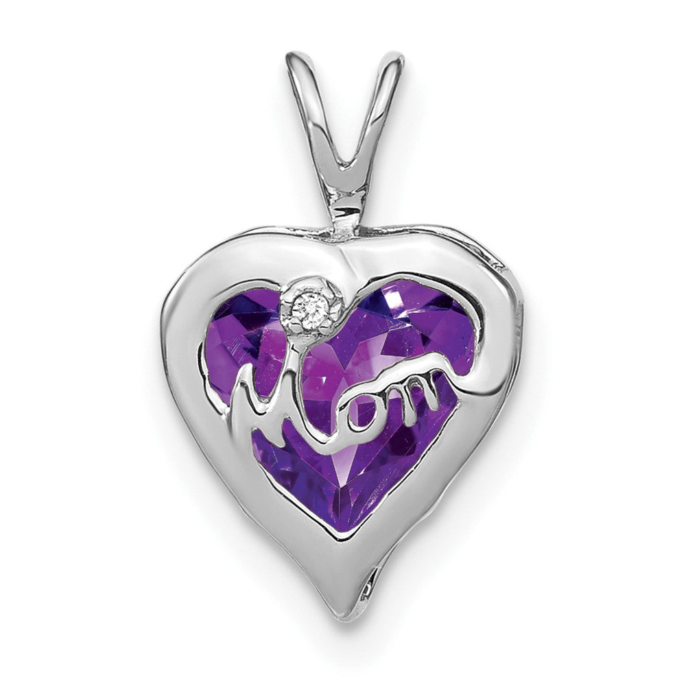 14k White Gold Amethyst and Real Diamond MOM Heart Pendant