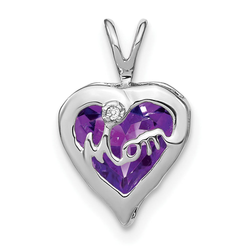 14k White Gold Amethyst and Real Diamond MOM Heart Pendant