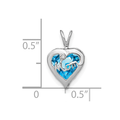 14k White Gold Blue Topaz and Real Diamond MOM Heart Pendant