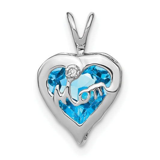 14k White Gold Blue Topaz and Real Diamond MOM Heart Pendant