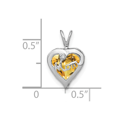 14k White Gold Citrine and Real Diamond MOM Heart Pendant