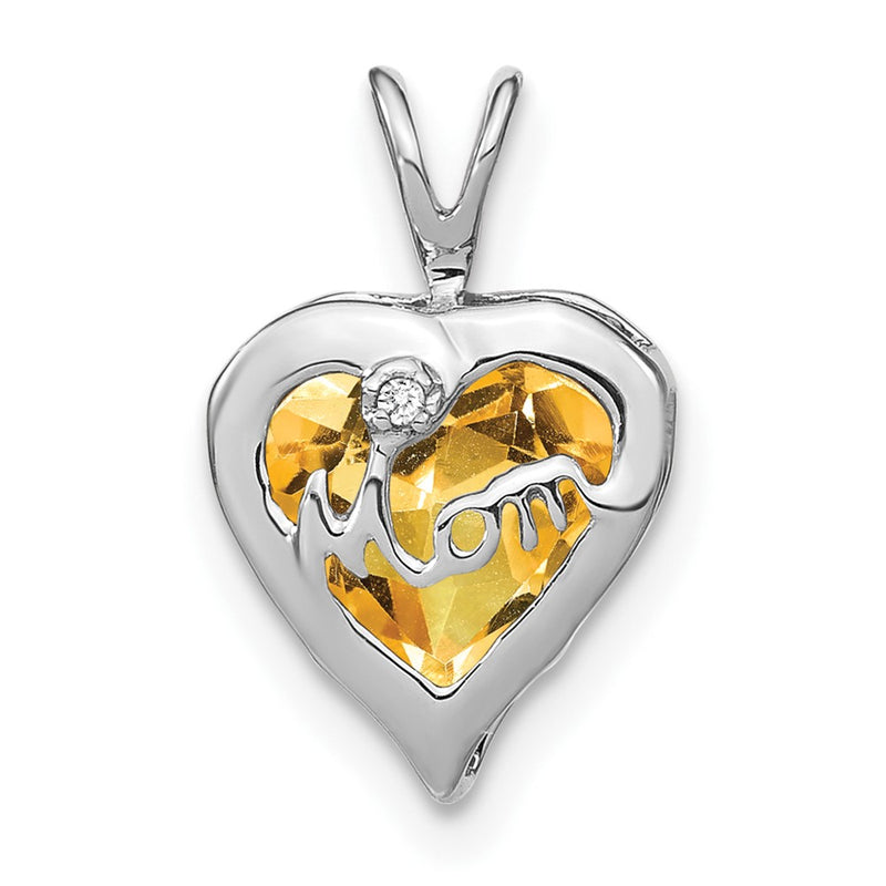 14k White Gold Citrine and Real Diamond MOM Heart Pendant