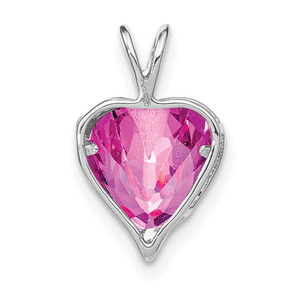 14k White Gold Creat. Pink Sapphire/Real Diamond MOM Heart Pendant