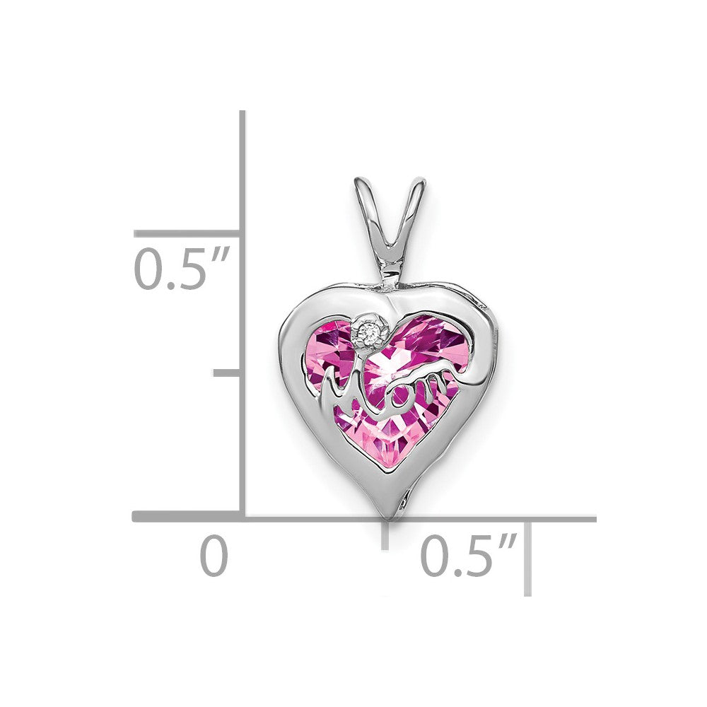 14k White Gold Creat. Pink Sapphire/Real Diamond MOM Heart Pendant