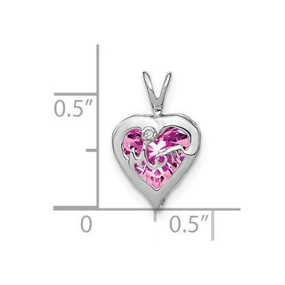 14k White Gold Creat. Pink Sapphire/Real Diamond MOM Heart Pendant