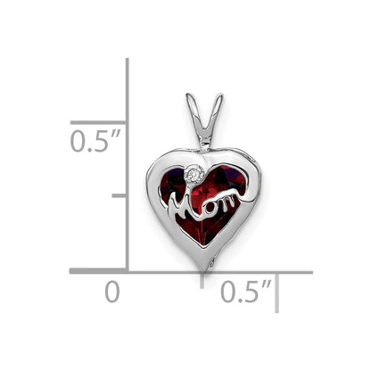 14k White Gold Garnet and Real Diamond MOM Heart Pendant