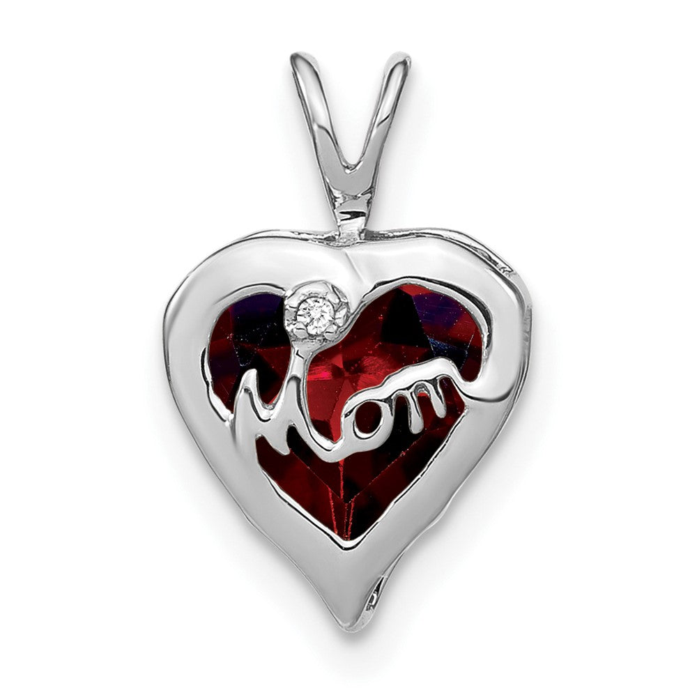 14k White Gold Garnet and Real Diamond MOM Heart Pendant