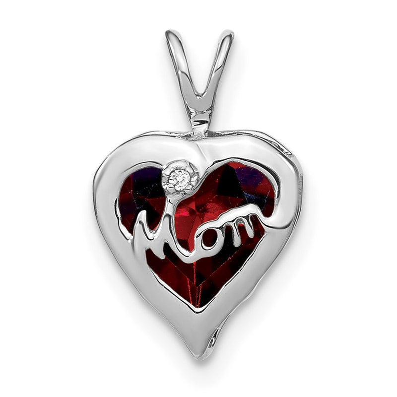 14k White Gold Garnet and Real Diamond MOM Heart Pendant