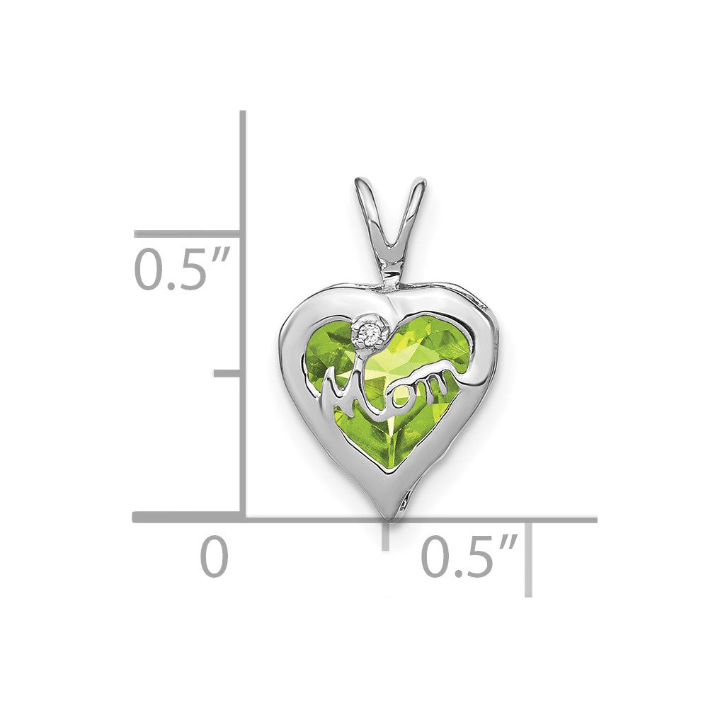 14k White Gold Peridot and Real Diamond MOM Heart Pendant