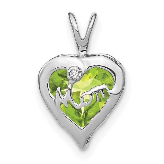 14k White Gold Peridot and Real Diamond MOM Heart Pendant