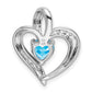 Solid 14k White Gold Simulated Blue Topaz and CZ Heart Pendant