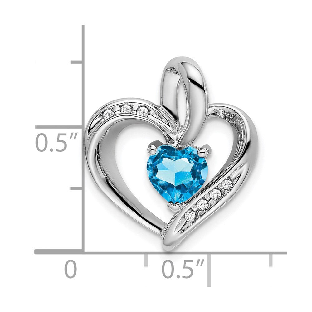 Solid 14k White Gold Simulated Blue Topaz and CZ Heart Pendant