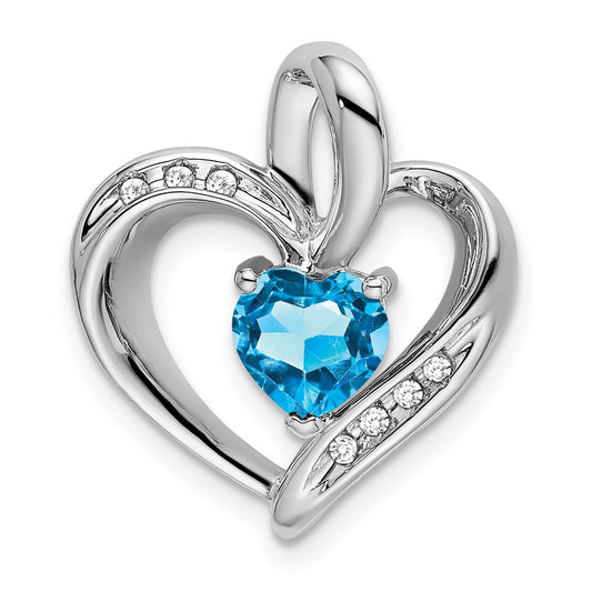 14k White Gold Blue Topaz and Real Diamond Heart Pendant