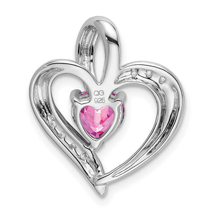 14k White Gold Created Pink Sapphire and Real Diamond Heart Pendant