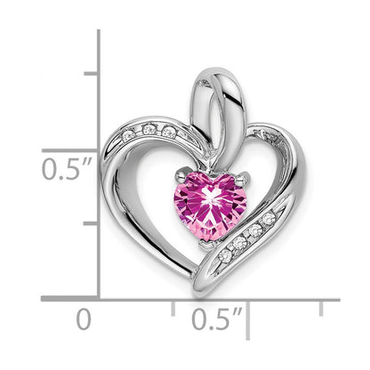 14k White Gold Created Pink Sapphire and Real Diamond Heart Pendant