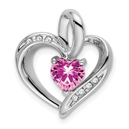 14k White Gold Created Pink Sapphire and Real Diamond Heart Pendant