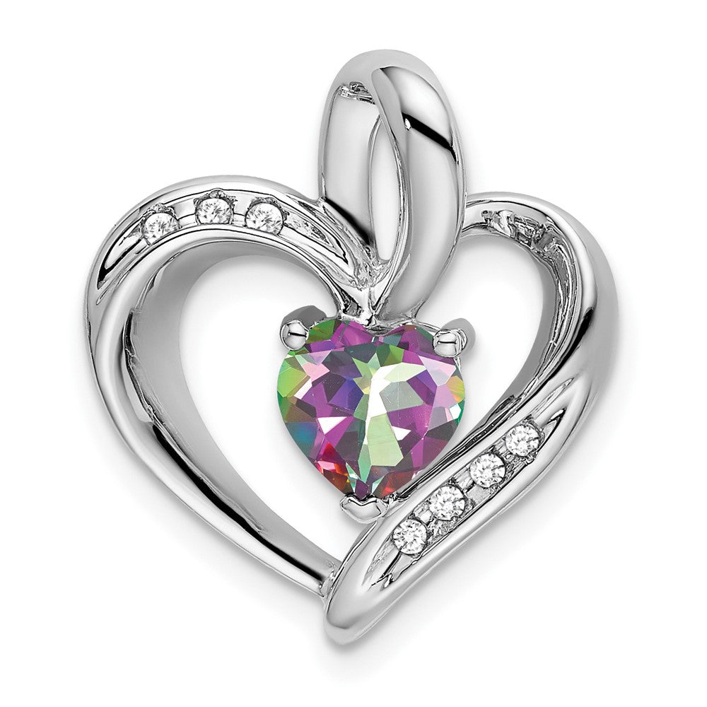 14k White Gold Mystic Fire Topaz and Real Diamond Heart Pendant