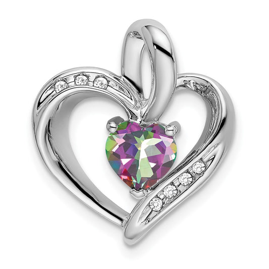 14k White Gold Mystic Fire Topaz and Real Diamond Heart Pendant