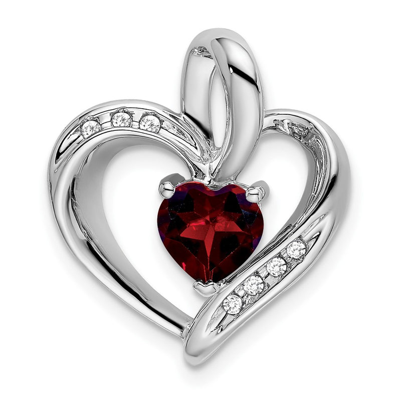 14K White Gold Garnet and Real Diamond Heart Pendant