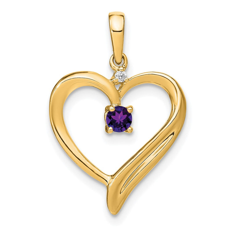 14K Yellow Gold Amethyst and Real Diamond Heart Pendant