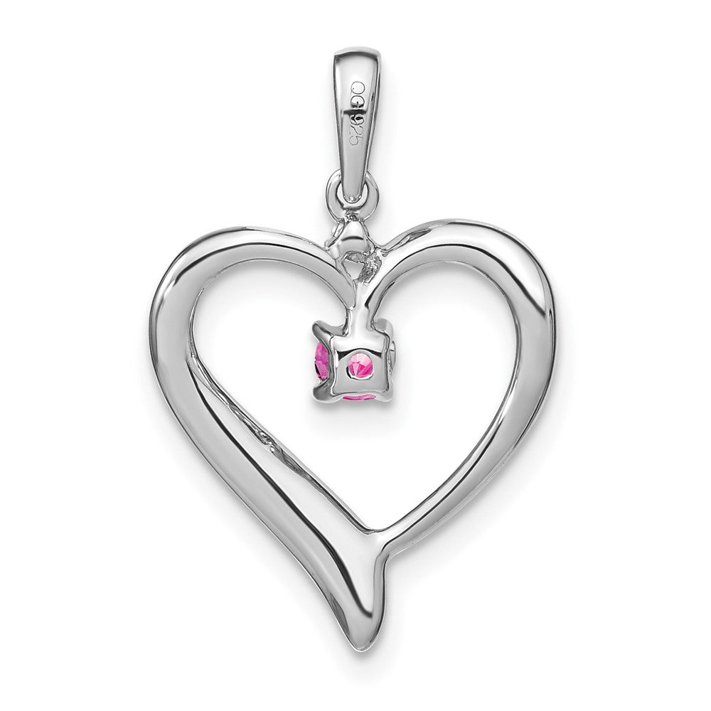 14k White Gold Created Pink Sapphire and Real Diamond Heart Pendant