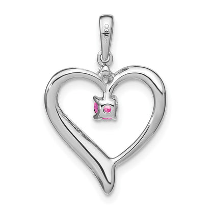 14k White Gold Created Pink Sapphire and Real Diamond Heart Pendant