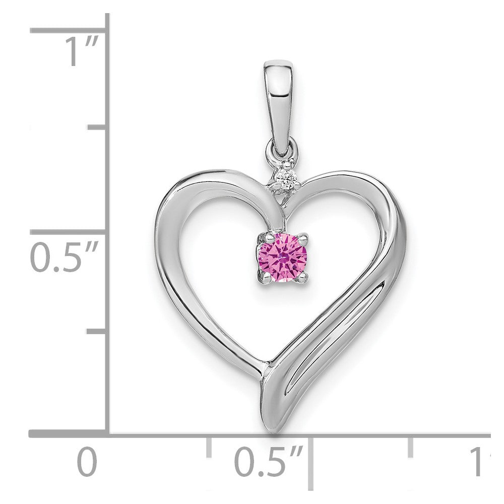 14k White Gold Created Pink Sapphire and Real Diamond Heart Pendant