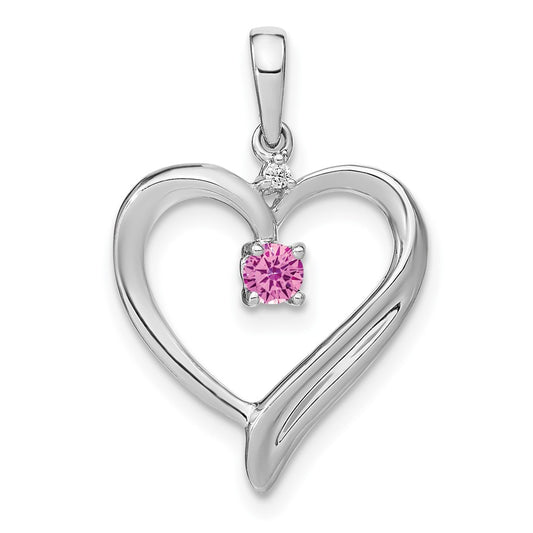 Solid 14k White Gold Created PinK Simulated Sapphire and CZ Heart Pendant