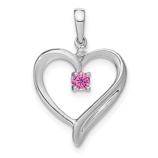 14k White Gold Created Pink Sapphire and Real Diamond Heart Pendant
