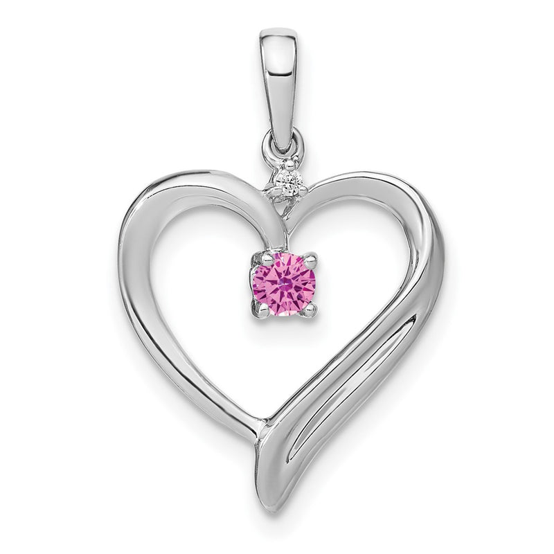 14k White Gold Created Pink Sapphire and Real Diamond Heart Pendant