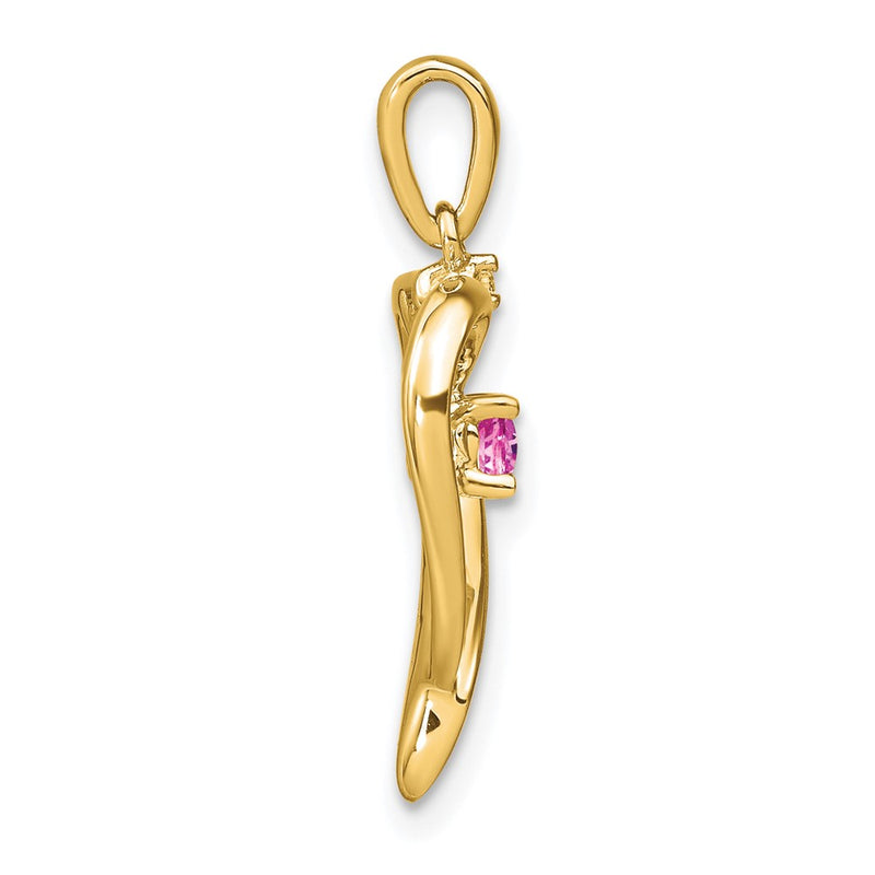 14K Yellow Gold Created Pink Sapphire and Real Diamond Heart Pendant