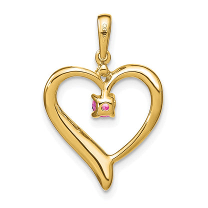 14K Yellow Gold Created Pink Sapphire and Real Diamond Heart Pendant