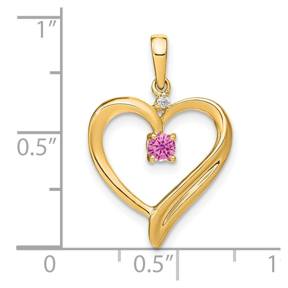 14K Yellow Gold Created Pink Sapphire and Real Diamond Heart Pendant