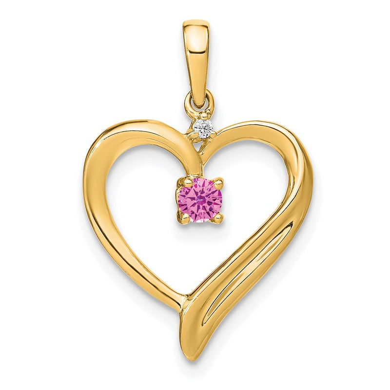 14K Yellow Gold Created Pink Sapphire and Real Diamond Heart Pendant