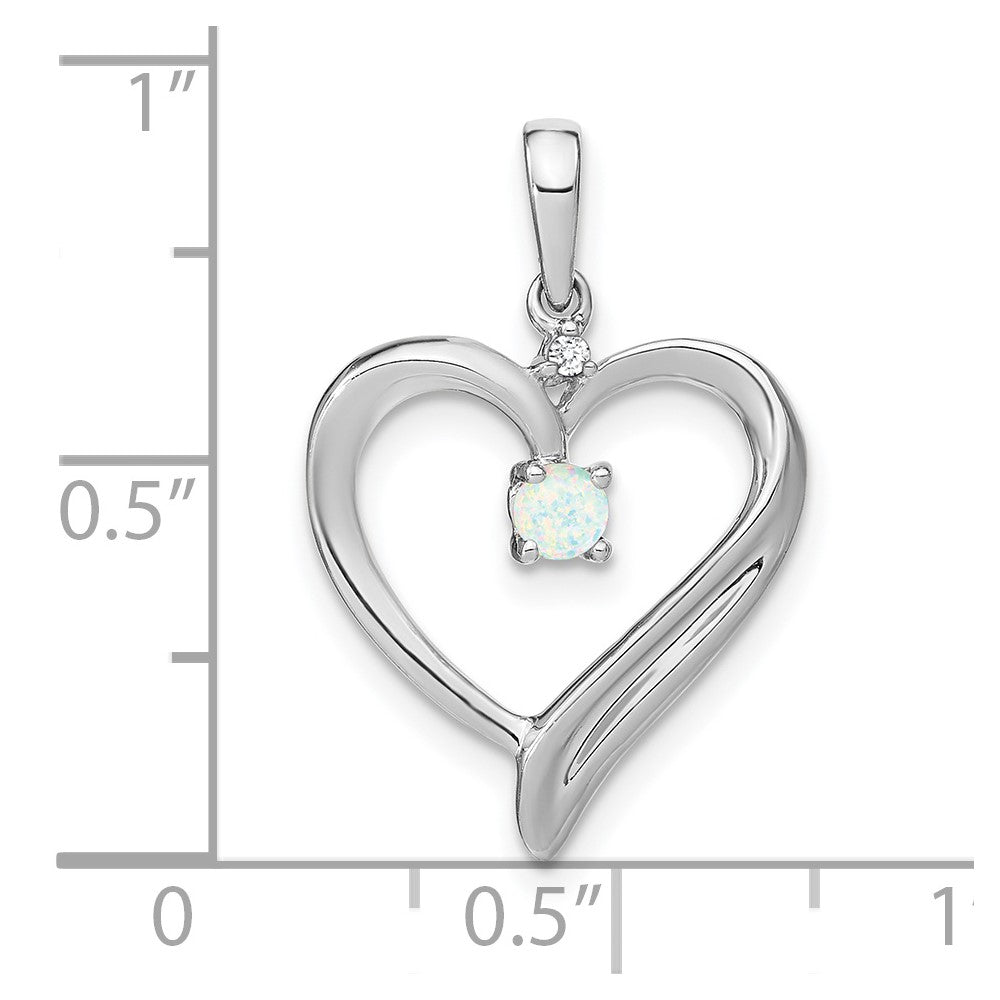14k White Gold Created Opal and Real Diamond Heart Pendant