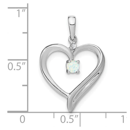 14k White Gold Created Opal and Real Diamond Heart Pendant