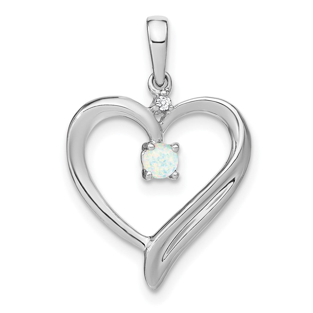 14k White Gold Created Opal and Real Diamond Heart Pendant