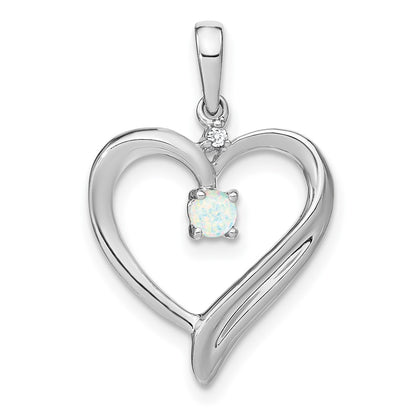 14k White Gold Created Opal and Real Diamond Heart Pendant