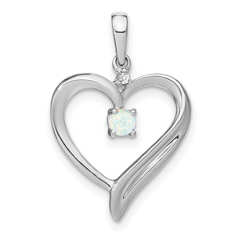 14k White Gold Created Opal and Real Diamond Heart Pendant