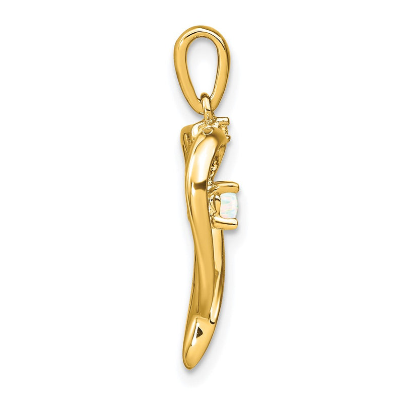 14K Yellow Gold Created Opal and Real Diamond Heart Pendant