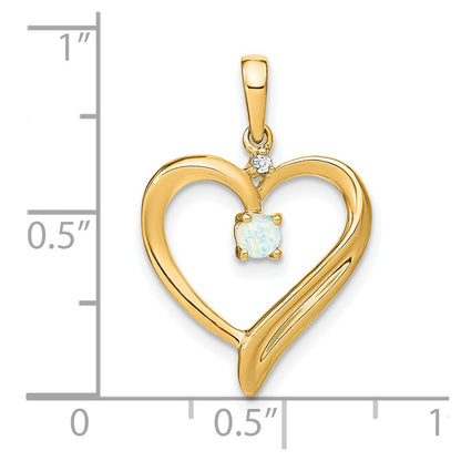 14K Yellow Gold Created Opal and Real Diamond Heart Pendant