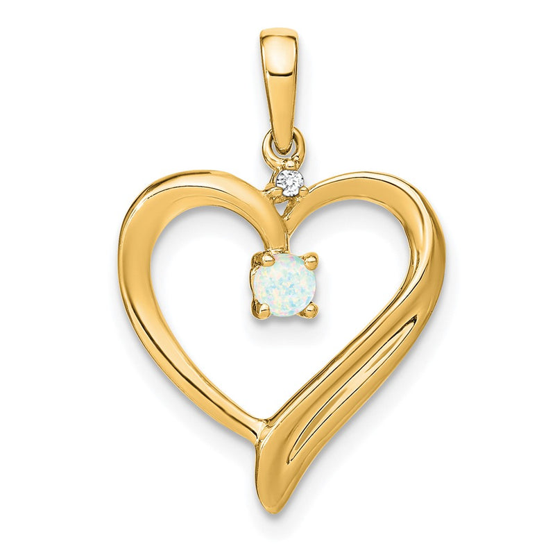 14K Yellow Gold Created Opal and Real Diamond Heart Pendant
