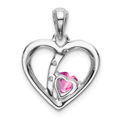 14k White Gold Created Pink Sapphire and Real Diamond Heart Pendant